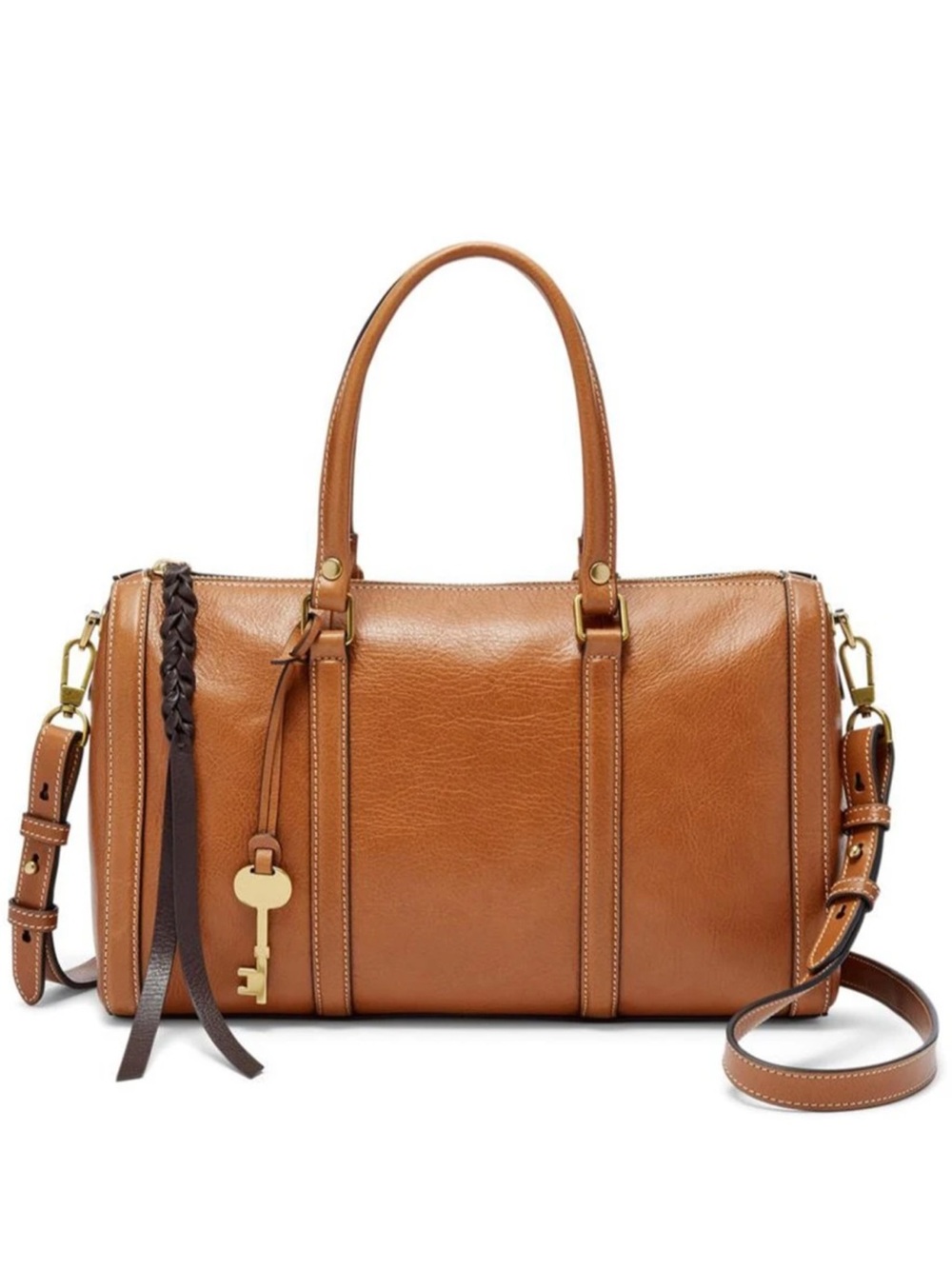 Fossil Kendall Leather Satchel Cognac Tan Crossbody Bag